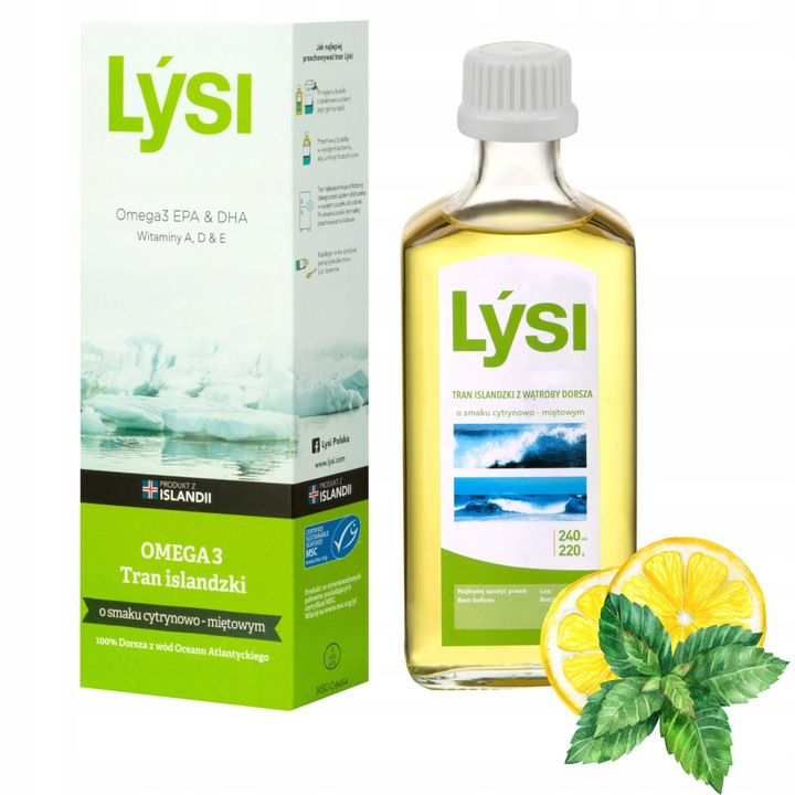 Lysi TRAN ISLANDZKI CYTRYNOWO MIĘTOWY Omega 3 EPA DHA WITAMINA A D E 240 ml