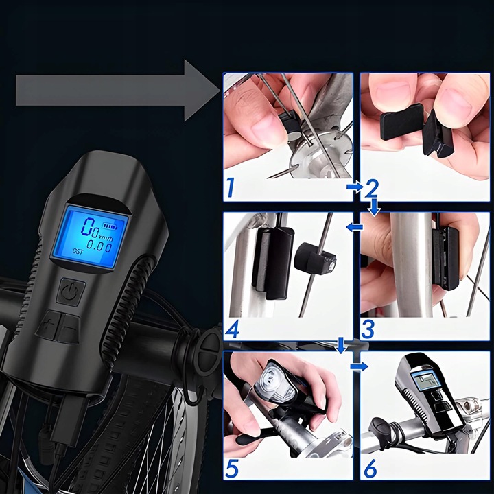 LAMPKA ROWEROWA LED LICZNIK KM PRĘDKOŚCIOMIERZ DZWONEK PRZÓD + TYŁ