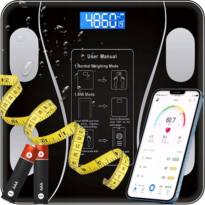 WAGA ŁAZIENKOWA BLUETOOTH SMART 25w1 180Kg ANALITYCZNA INTELIGENTNA + METR