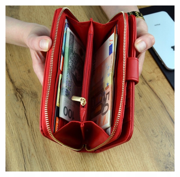 PORTFEL DAMSKI PODWÓJNY Czerwony Organizer Duży stylowy