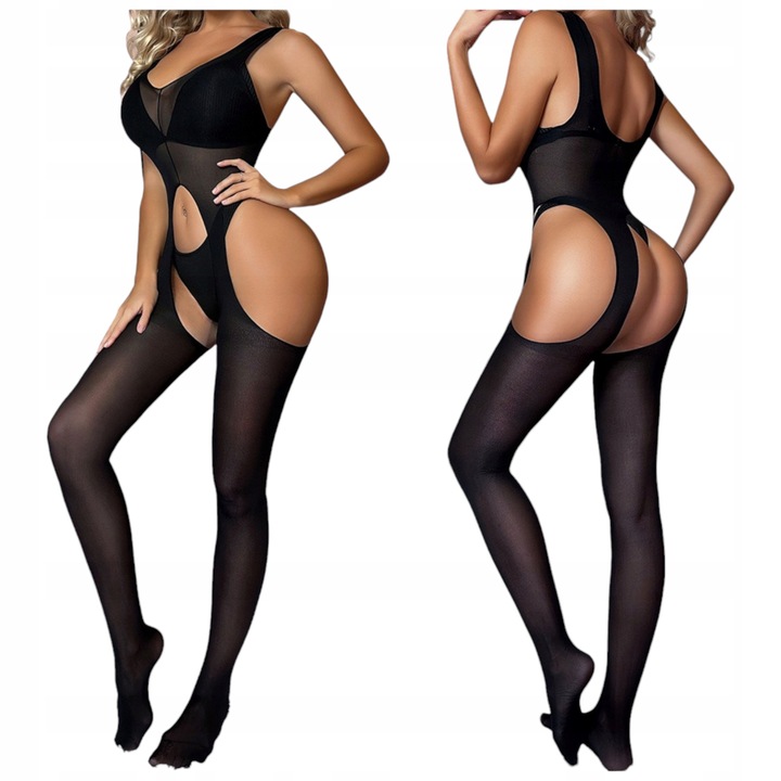 Bielizna Erotyczna Damska Czarna Uwodzicielska Bodystocking Otwarty Krok