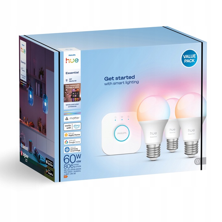Żarówka LED E27 8W RGB Inteligentna 3 szt. + Mostek Philips HUE