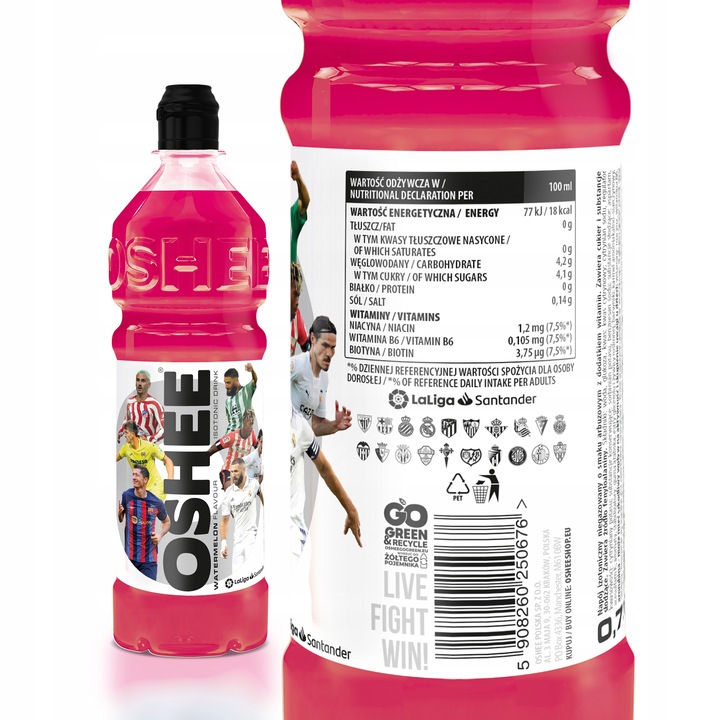 6x Napój OSHEE Isotonic Drink arbuz witaminy 750ml