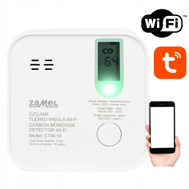 Czujnik detektor tlenku węgla czadu WiFi Aplikacja TUYA Zamel CTW-10