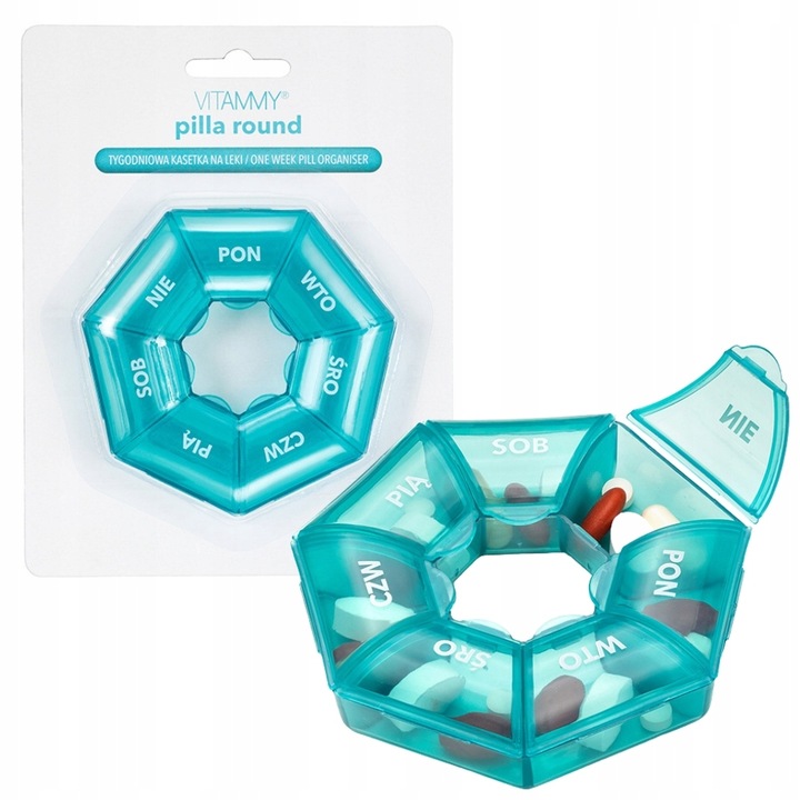 POJEMNIK ORGANIZER KASETKA PUDEŁKO NA LEKI 7 DNI VITAMMY PILLA ROUND 7x1