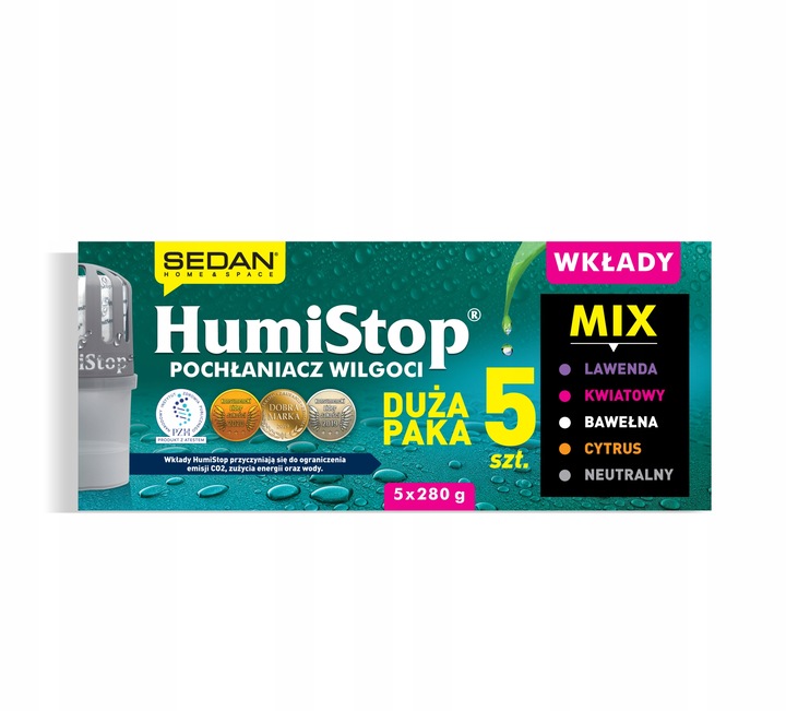 WKŁADY zapachowe HUMISTOP AROMA 5szt POCHŁANIACZ + GRANULKI DO