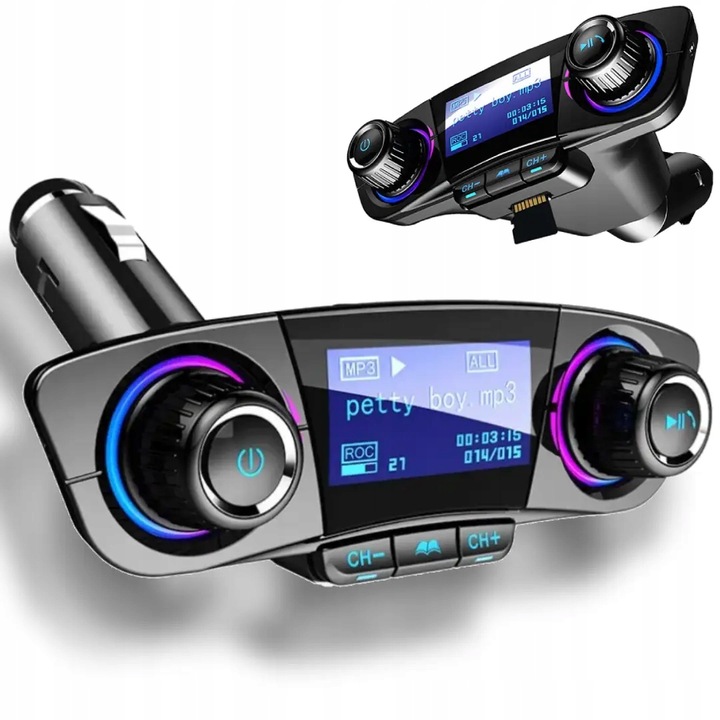 Transmiter FM Samochodowy Bluetooth 5.0 USB micro SD 8w1 AUX Ładowarka