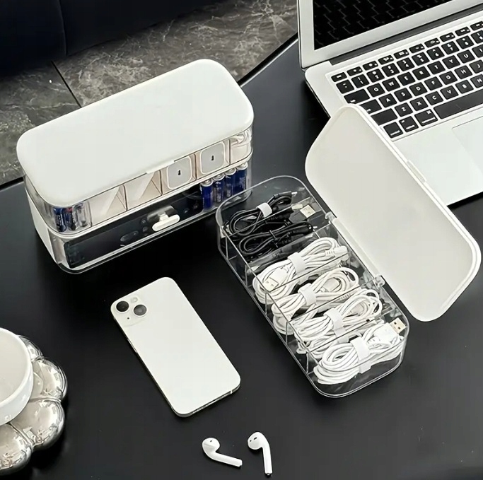 ORGANIZER PUDEŁKO POJEMNIK NA ŁADOWARKI BATERIE SŁUCHAWKI PRZEWODY