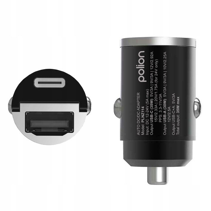 Mała szybka ładowarka samochodowa POLION USB-A USB-C 35W QC3.0 PD 3A