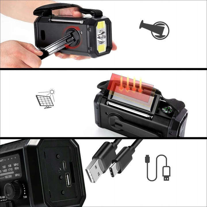 PRZENOŚNE RADIO SOLARNE KORBKA ALARM DYNAMO AWARYJNE LATARKA 10000mAh