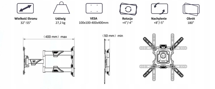 UCHWYT DO TELEWIZORA TV 32-55" WIESZAK REGULOWANY ŚCIENNY + CZĘŚCI