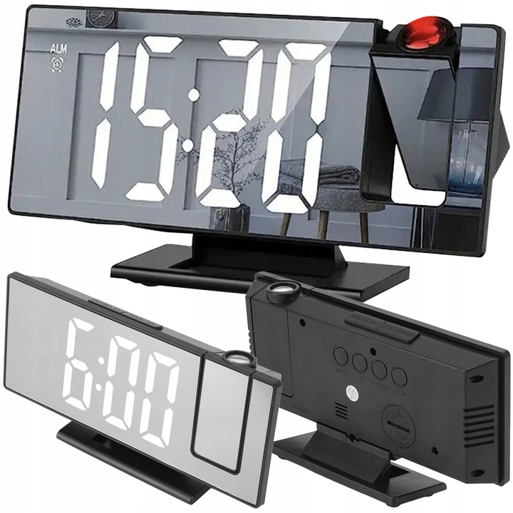 ZEGAR Budzik ELEKTRONICZNY z projektorem LED cyfrowy LUSTRO TERMOMETR 4w1