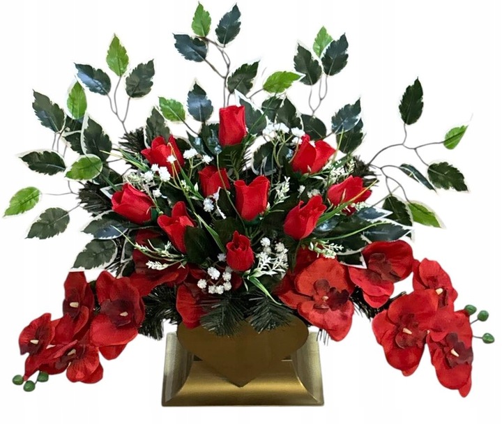 KOMPOZYCJA CMENTARZ STROIK GRÓB BUKIET SZTUCZNY WIĄZANKA SERCE RÓŻE STANPOL