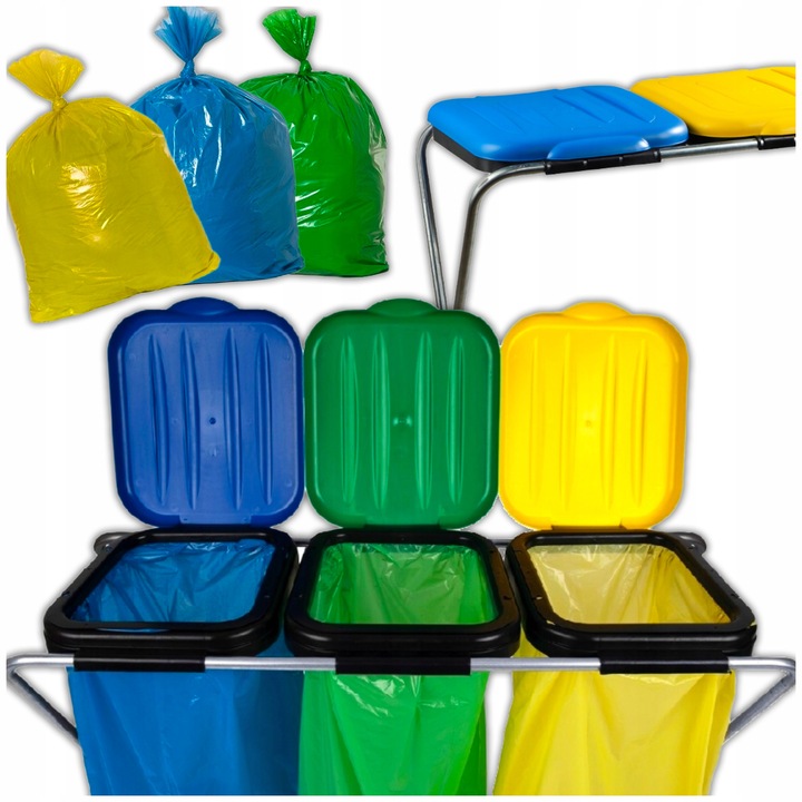 STOJAK METALOWY do Segregacji Śmieci Pojemnik KOSZ NA ODPADY na 3 WORKI