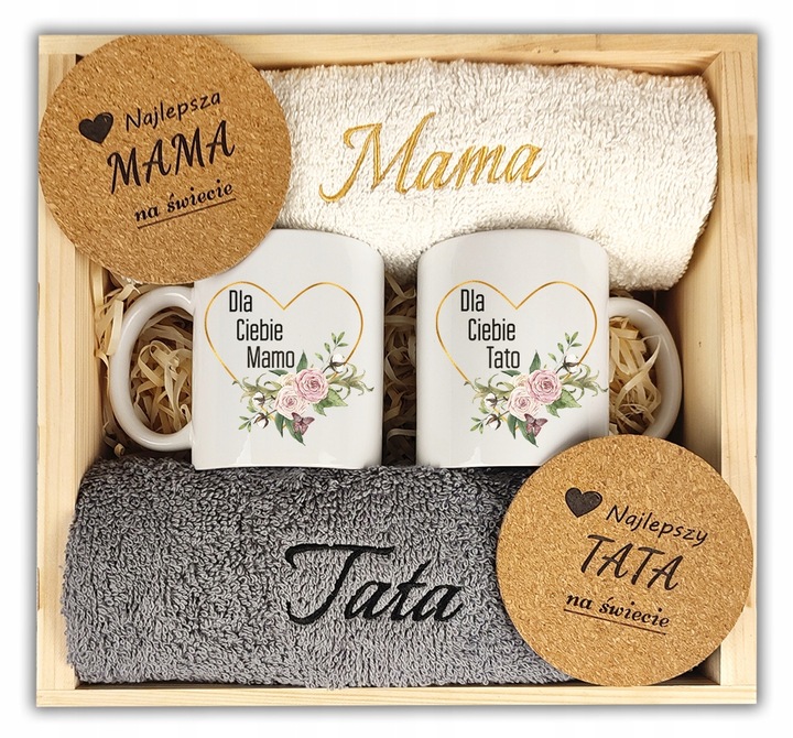 PREZENT NA DZIEŃ MAMY MATKI DLA TATY OJCA ZESTAW KUBEK RĘCZNIKI Z HAFTEM