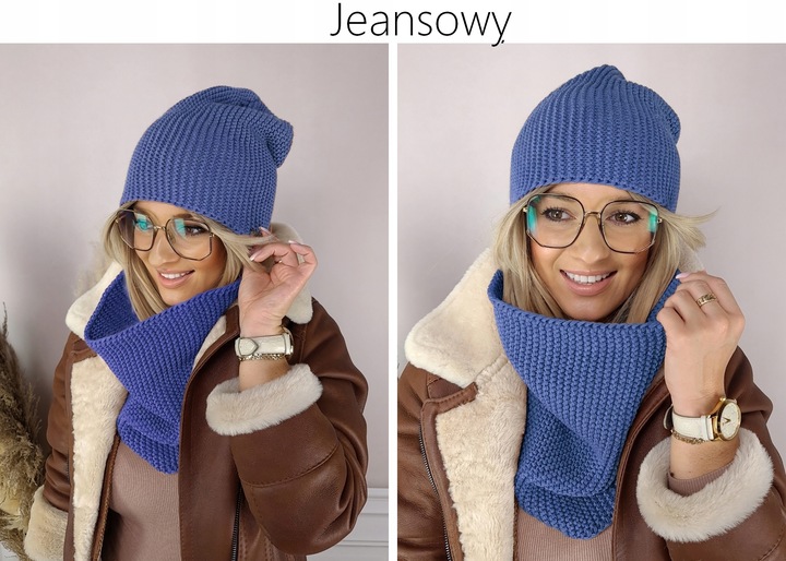 CIEPŁY KOMPLET CZAPKA + KOMIN damski POLSKI zimowy szal CIEMNA