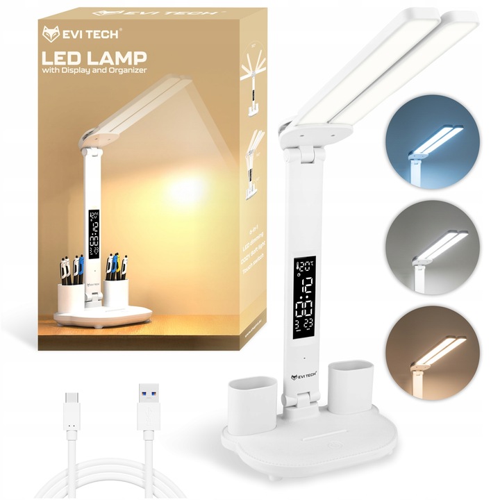 LAMPKA NA BIURKO LED PODWÓJNA BIURKOWA ZEGAR ORGANIZER TEMPERATURA