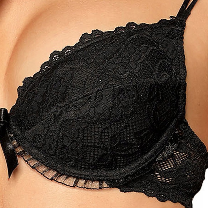Biustonosz Push Up Koronkowy z Fiszbinami Polski Mega Modelujący Czarny 75C