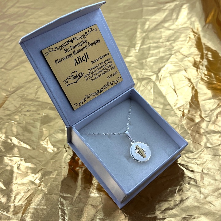 SREBRNY ŁAŃCUSZEK + MEDALIK 925 PREZENT NA KOMUNIĘ DLA DZIEWCZYNKI + GRAWER