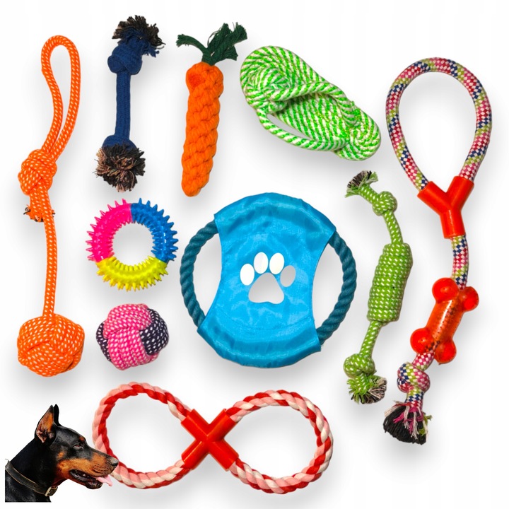 10 szt ZESTAW ZABAWEK DLA PSA SZARPAK DYSK GRYZAK PIŁKA SZNURY AKTYWNE PSY