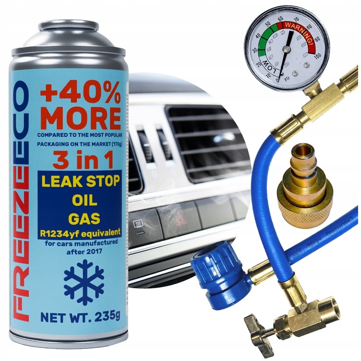 ZESTAW DO NAPEŁNIANIA klimatyzacji w samochodzie 3w1 Czynnik R1234yf