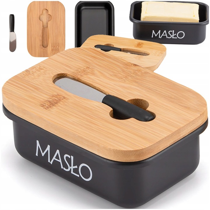 MASELNICZKA STALOWA POJEMNIK NA MASŁO Z POKRYWKĄ + NOŻYK DO SMAROWANIA
