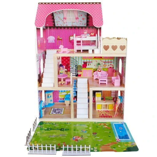 DUŻY DREWNIANY DOMEK DLA LALEK MEBLE + LALKI + LED