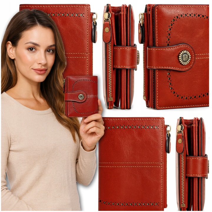 PORTFEL DAMSKI PORTMONETKA ELEGANCKA CZERWONY NA KARTY I MONETY