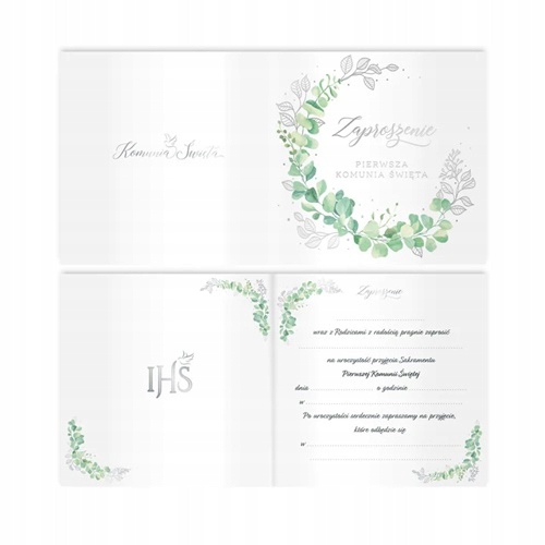 ZAPROSZENIA NA KOMUNIE komunijne + KOPERTY białe eukaliptus dla gości 10szt