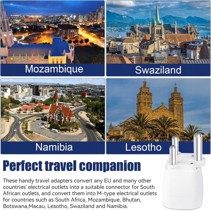 Adapter Przejściówka Gniazda EU na Wtyk RPA MOZAMBIK NAMBIA BHUTAN -