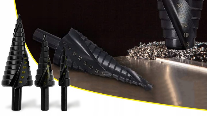 WIERTŁA STOŻKOWE STOPNIOWE DO METALU DREWNA PLASTIKU BLACH ZESTAW