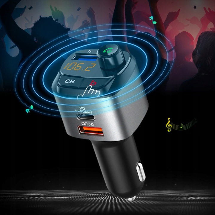 TRANSMITER SAMOCHODOWY FM BLUETOOTH ZESTAW GŁOŚNO MÓWIĄCY ŁADOWARKA QC