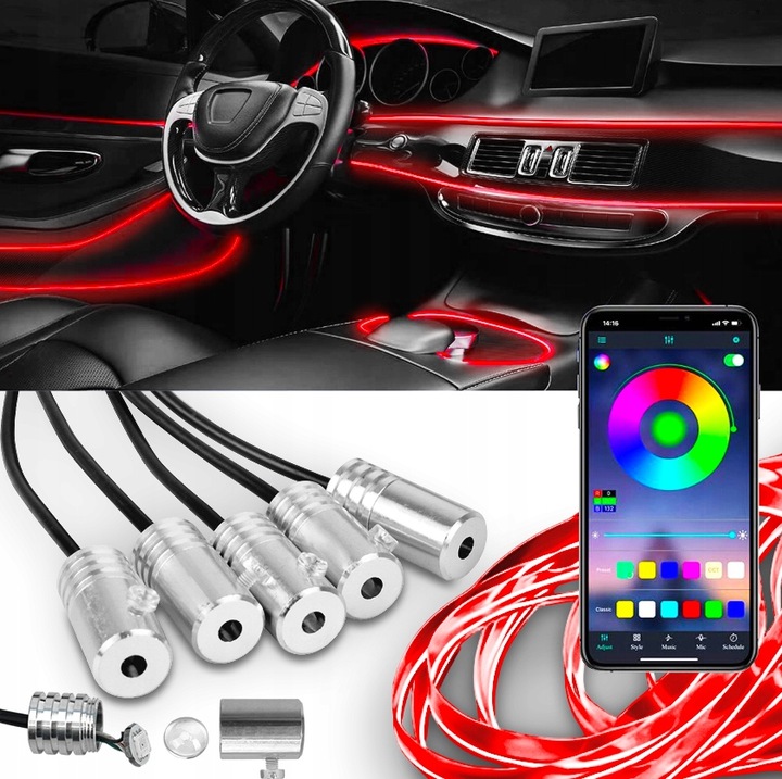Zestaw Oświetlenia Do Wnętrza Auta Światłowód Ambiente RGB 7M Aplikacja