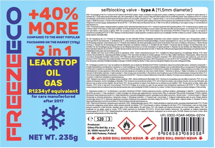 GAZ DO KLIMATYZACJI 3w1 Czynnik Uszczelniacz Olej FreezeEco R1234yf