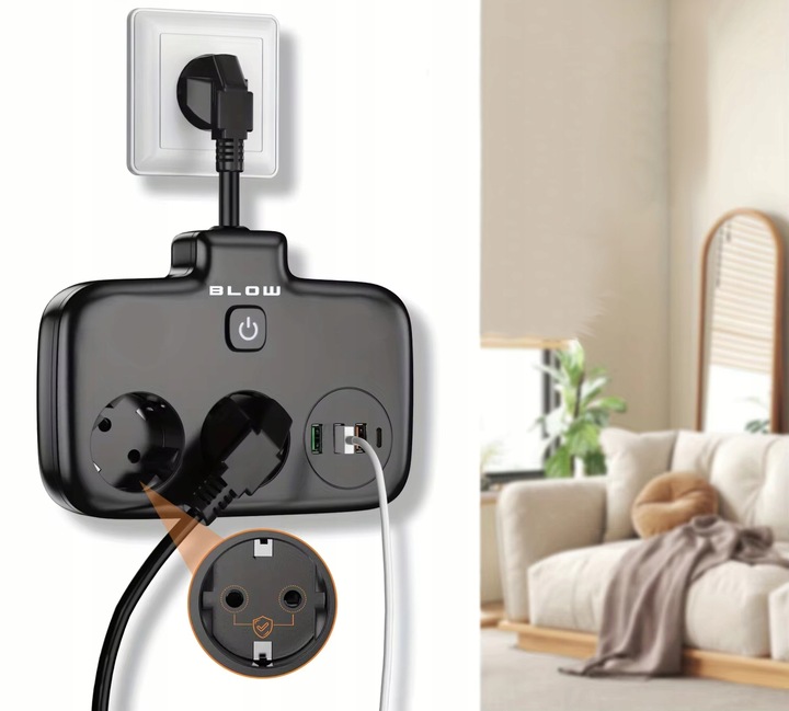 PRZEDŁUŻACZ ROZDZIELACZ ROZGAŁEŹNIK 2 GNIAZDA WŁĄCZNIK LISTWA 3x USB USB-C