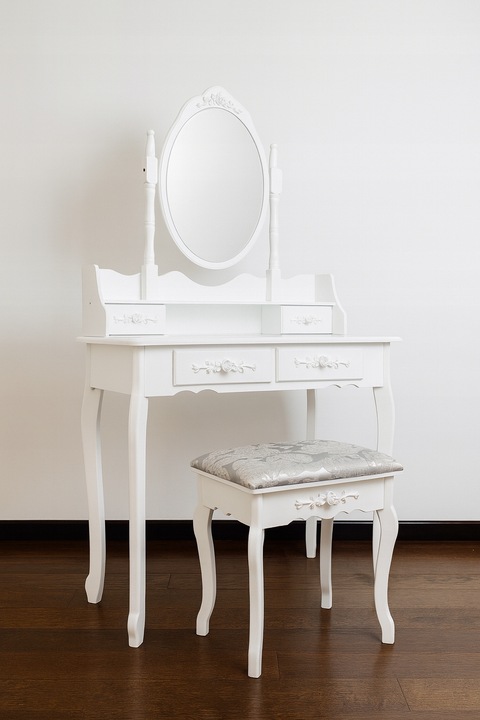 TOALETKA KOSMETYCZNA Z LUSTREM OBROTOWYM I TABORETEM DREWNIANA BIAŁA