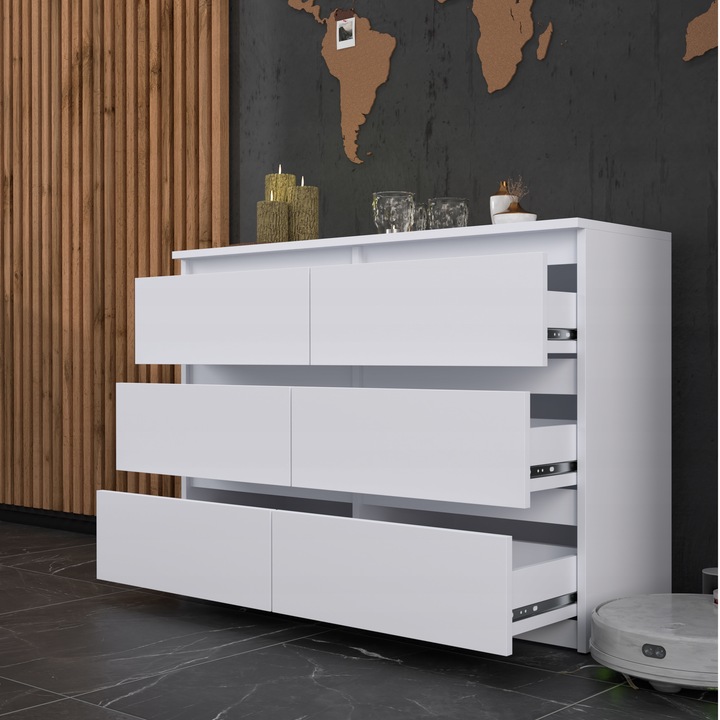 KOMODA BIAŁA z 6 SZUFLADAMI 100 CM POJEMNA NOWOCZESNA SZAFKA DO SALONU