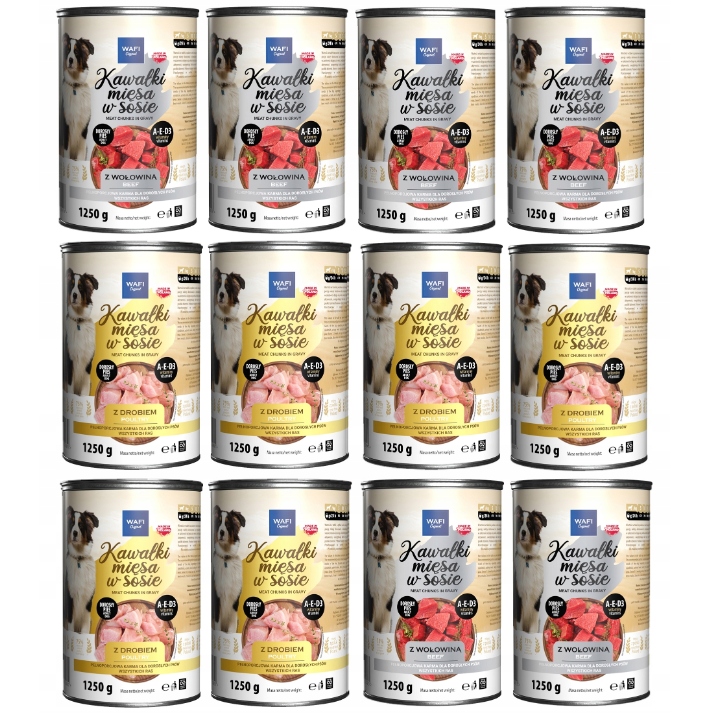 WAFI KARMA MOKRA DLA PSA KAWAŁKI W SOSIE MIX SMAKÓW 12X1250G PUSZKA