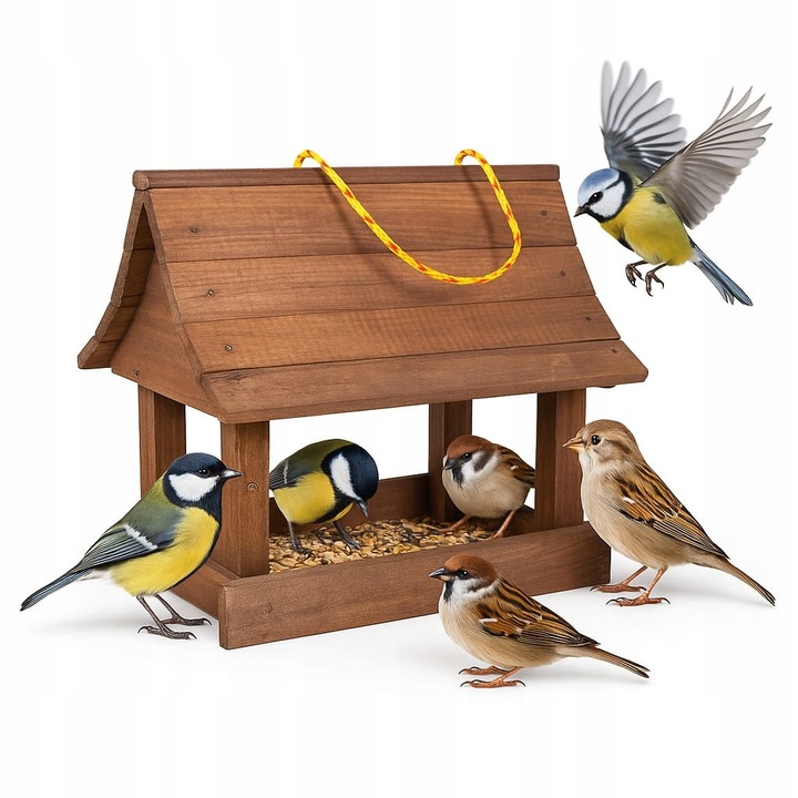 Karmnik dla ptaków + ziarno pokarm duży drewniany budka solidny XXL