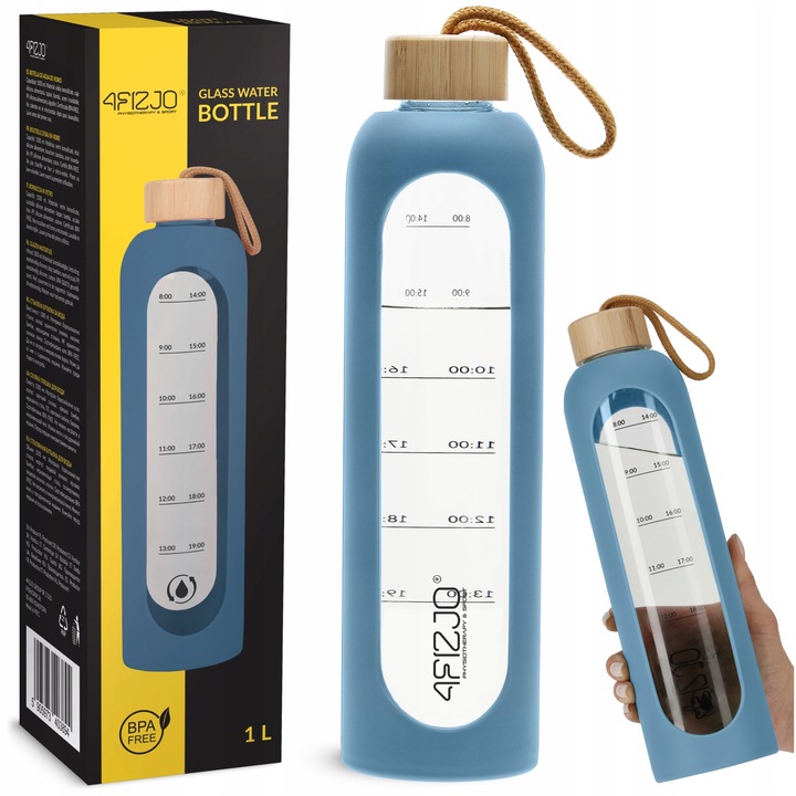 BUTELKA SZKLANA NA WODĘ MOTYWACYJNA SZCZELNA MIARKA SILIKONOWE ETUI 4FIZJO