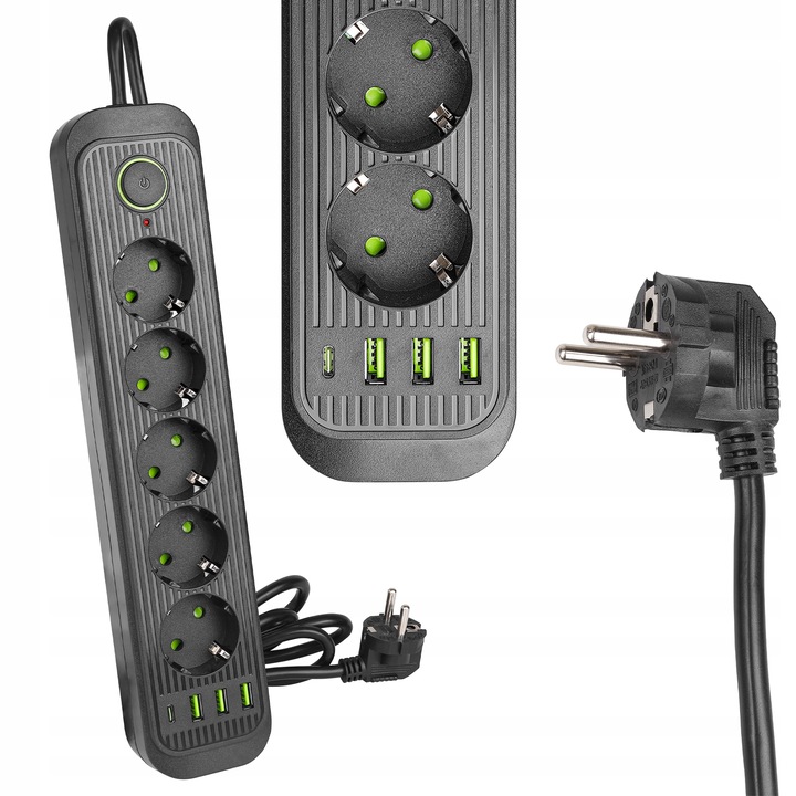 Przedłużacz listwa zasilająca 2m 5 GNIAZDA UZIEMIENIE 4x USB C CZARNY
