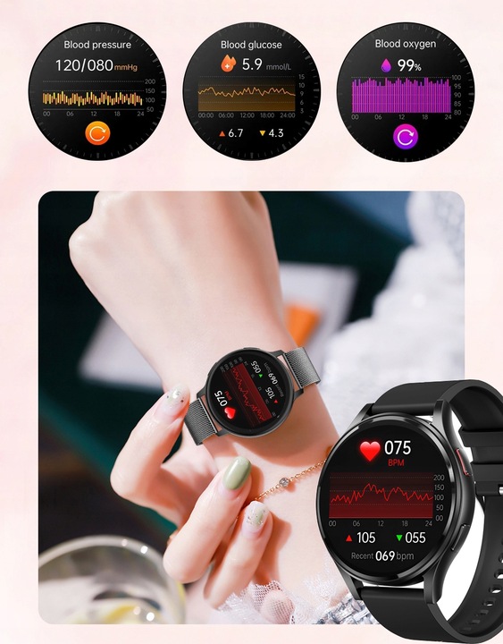 ZEGAREK DAMSKI SMARTWATCH AMOLED EKG POMIAR CUKRU CIŚNIENIE TEMPERATURA