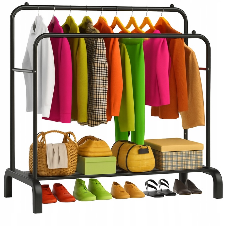 WIESZAK NA UBRANIA BUTY STOJĄCY PODŁOGOWY STOJAK CZARNY PODWÓJNY