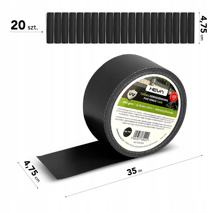 Taśma ogrodzeniowa na płot ogrodzenie wąska 4,75cm x35m antracyt UV +klipsy