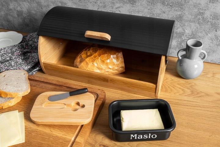 MASELNICZKA POJEMNIK METALOWY Z POKRYWKĄ NA MASŁO Z NOŻEM BAMBUS