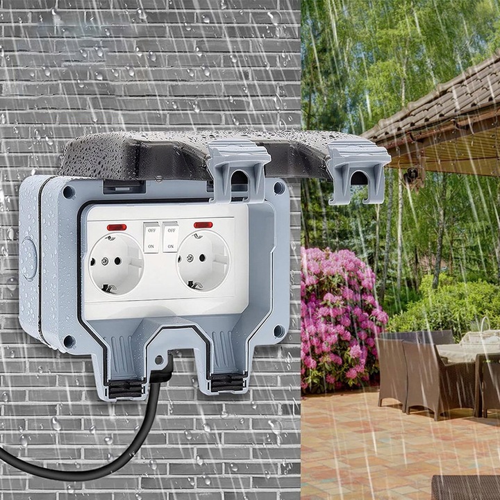 PODWÓJNE GNIAZDKO IP66 OGRODOWE ZEWNĘTRZNE WODOSZCZELNE GNIAZDO 230V