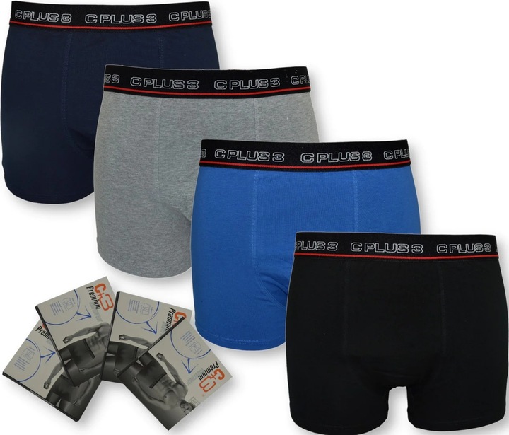 Bokserki Męskie C+3 Gładkie ze Sportową Gumą, Zestaw 4 Kolory L