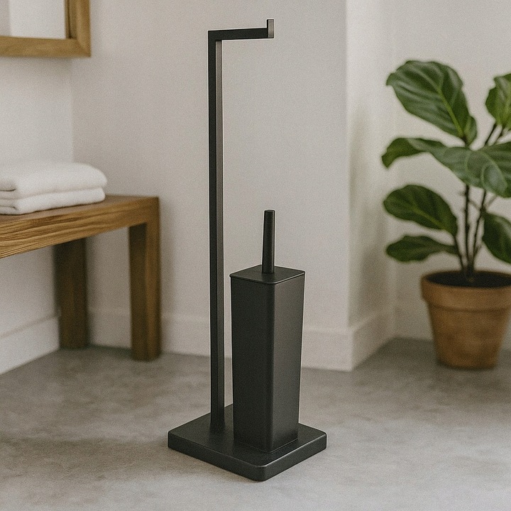 STOJAK NA PAPIER TOALETOWY CZARNY Z POJEMNIKIEM NA SZCZOTKĘ 2W1