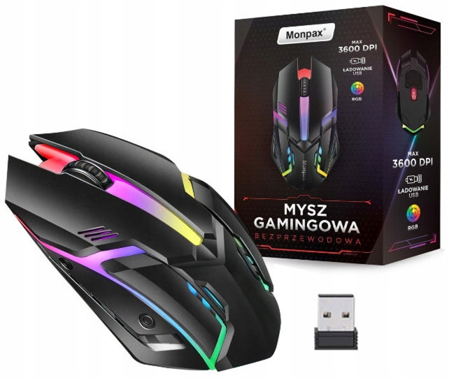 MYSZKA GAMINGOWA MYSZ DLA GRACZY BEZPRZEWODOWA KOMPUTEROWA LED RGB 3600 DPI