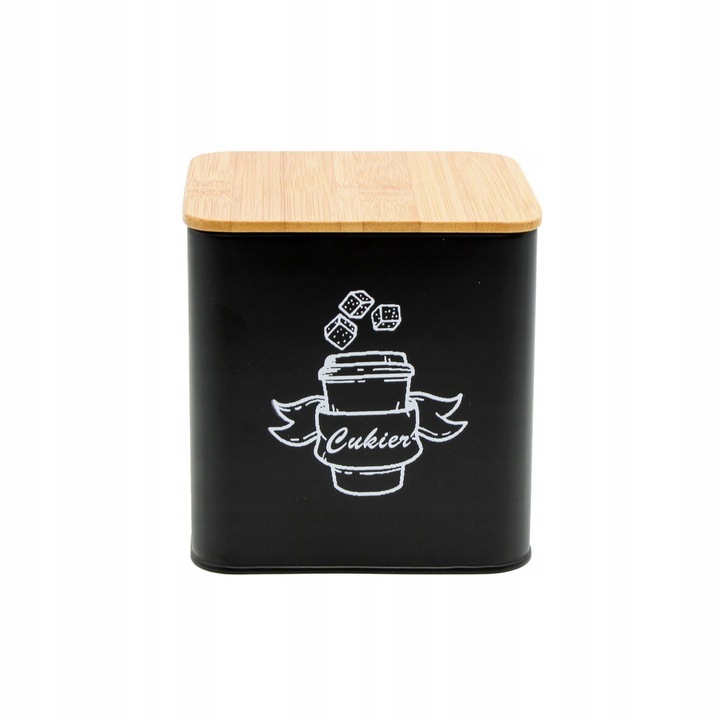 POJEMNIKI KOMPLET KAWA HERBATA CUKIER SÓL CZARNY METALOWY BAMBUS ZESTAW